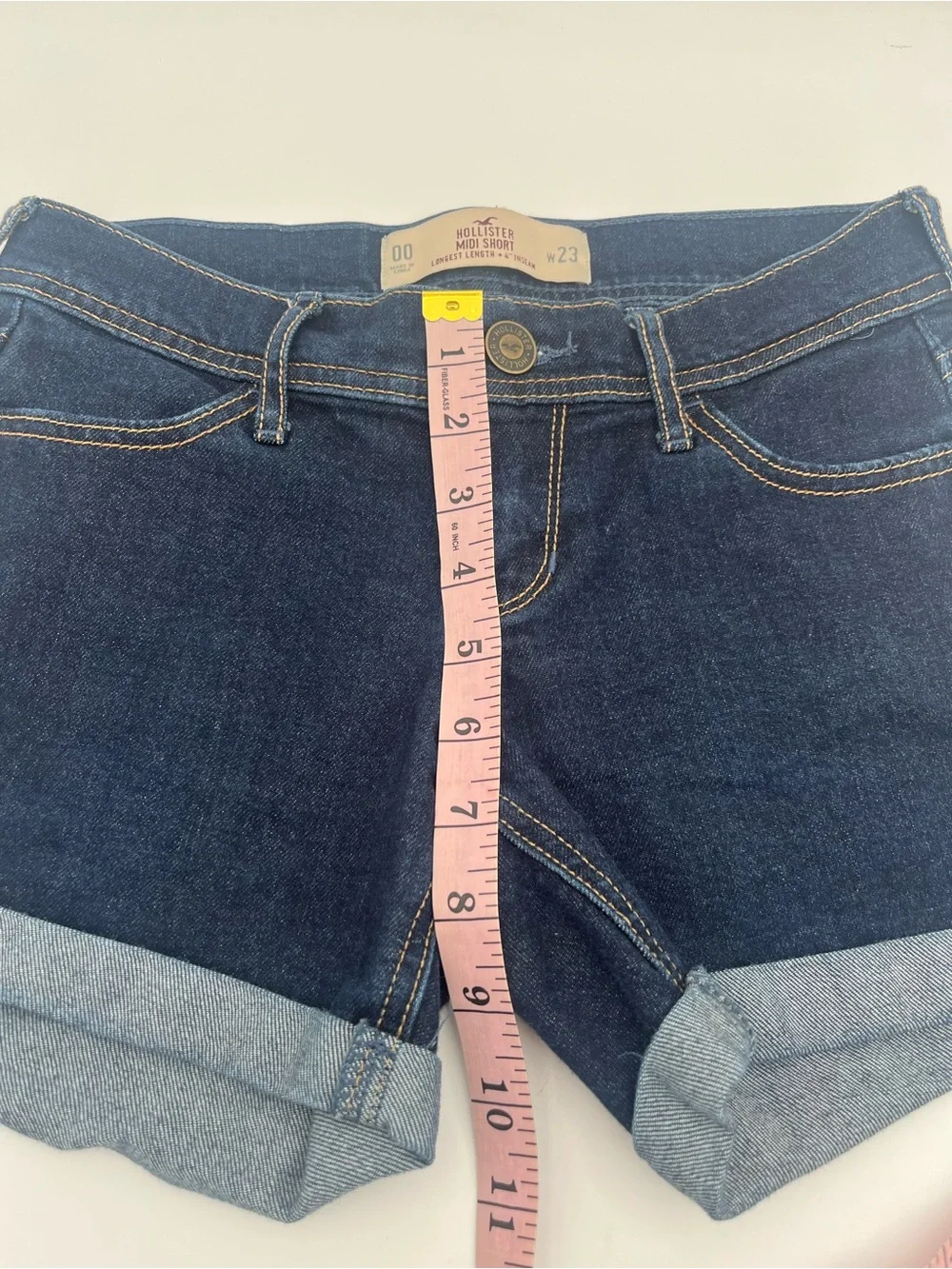 Hollister Dark Indigo Rolled Hem Denim MIDI Shorts long length 4” inseam 00 W23